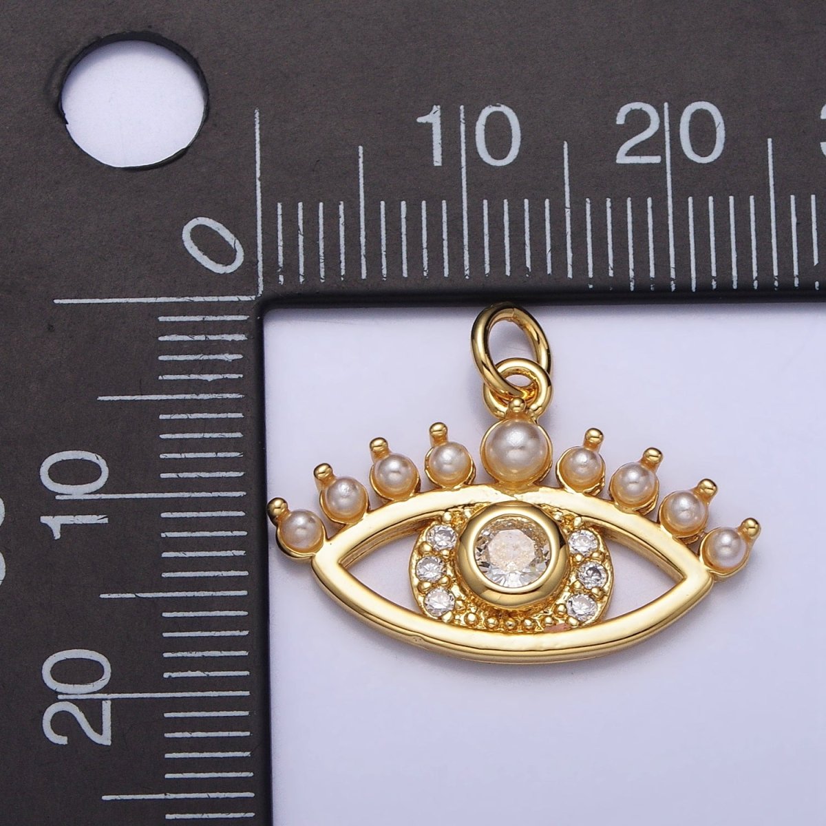 24K Gold Filled Clear CZ Pearl Lined Evil Eye Protection Charm | AC315 - DLUXCA