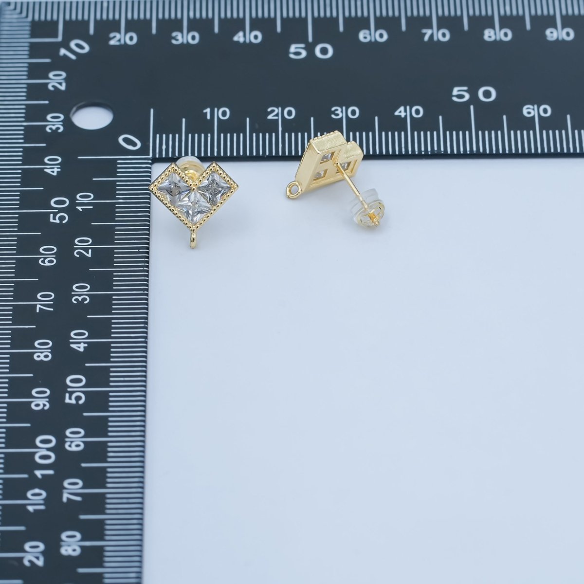 24K Gold Filled Clear CZ Pixelated Heart Drop Stud Earrings Findings | Z1115 - DLUXCA