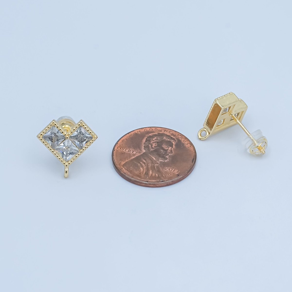 24K Gold Filled Clear CZ Pixelated Heart Drop Stud Earrings Findings | Z1115 - DLUXCA