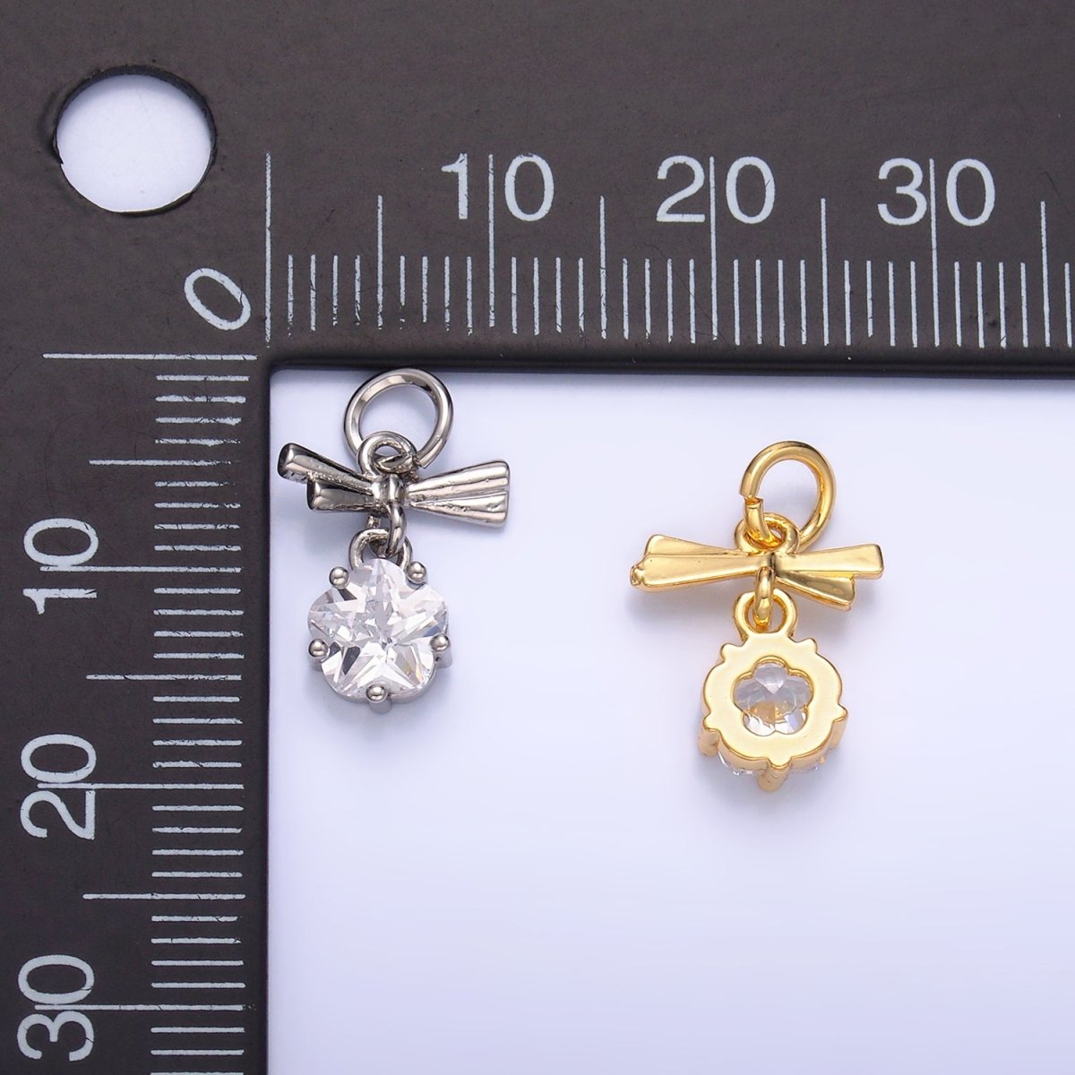 24K Gold Filled Clear CZ Ribbon Bow Drop Charm in Gold & Silver | W815