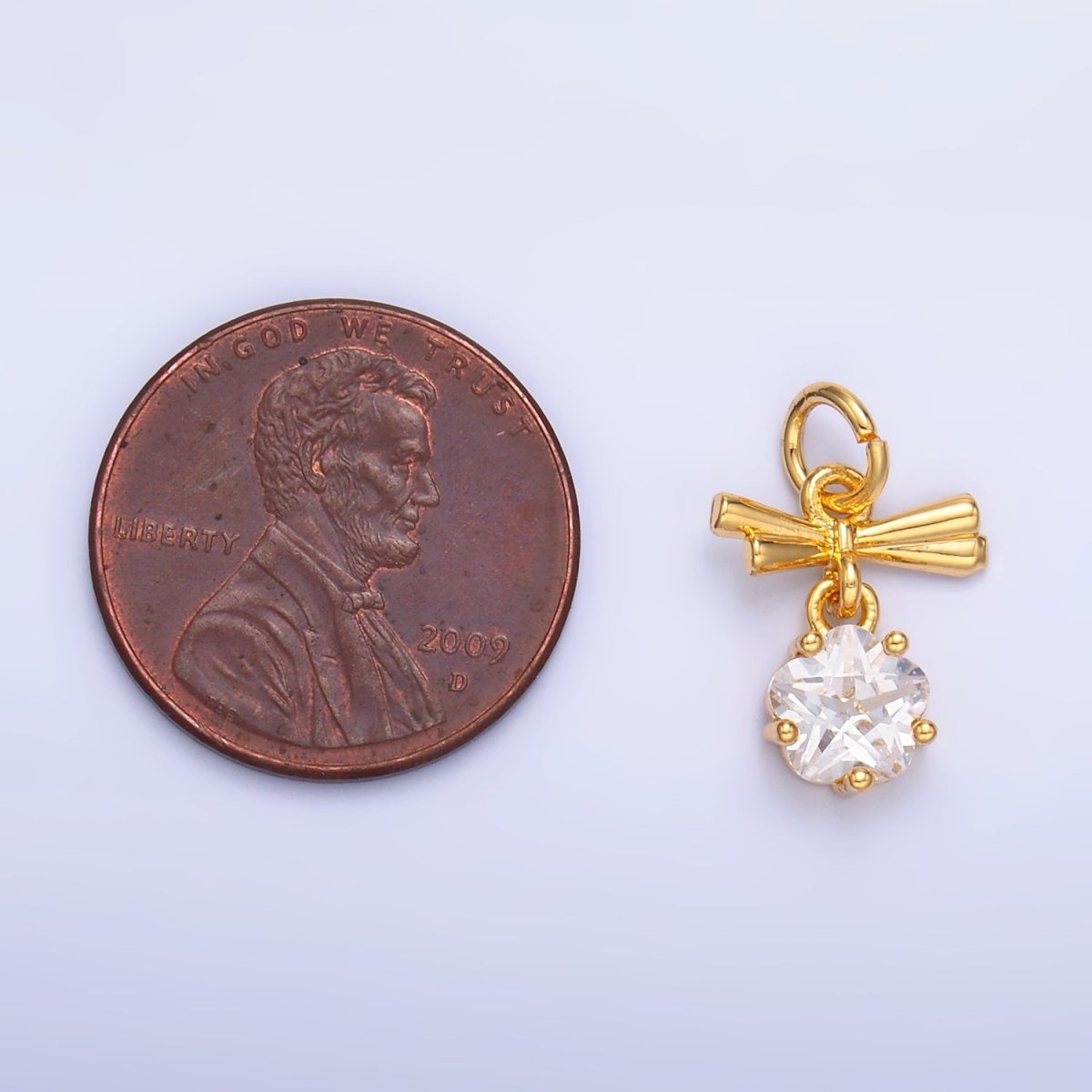 24K Gold Filled Clear CZ Ribbon Bow Drop Charm in Gold & Silver | W815