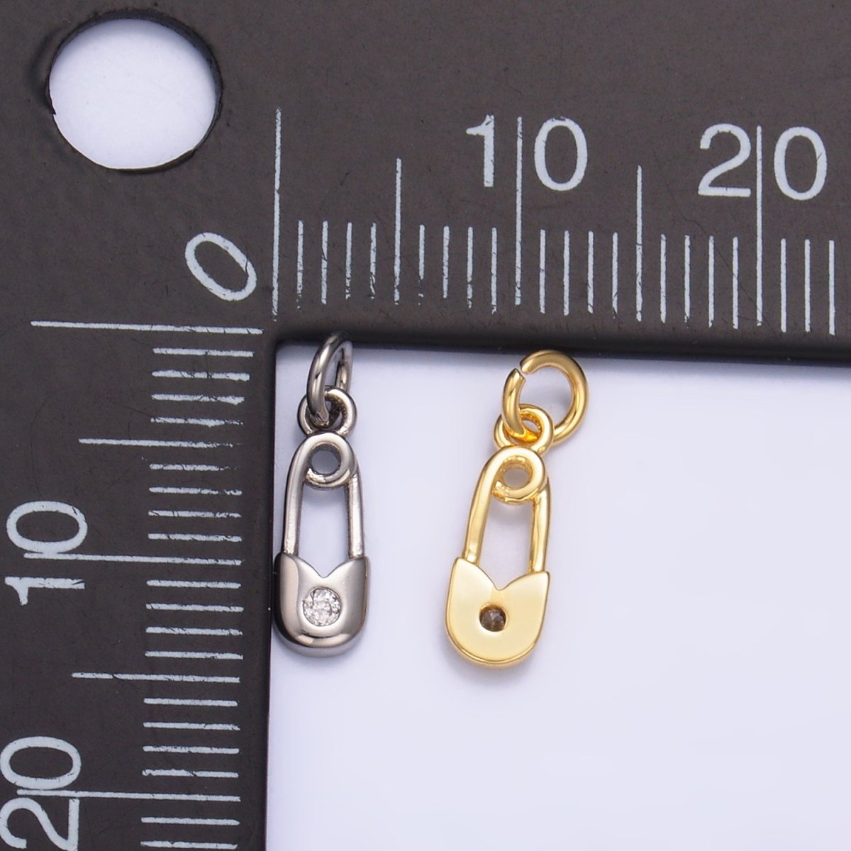 24K Gold Filled Clear CZ Safety Pin Mini Charm in Gold & Silver | W882