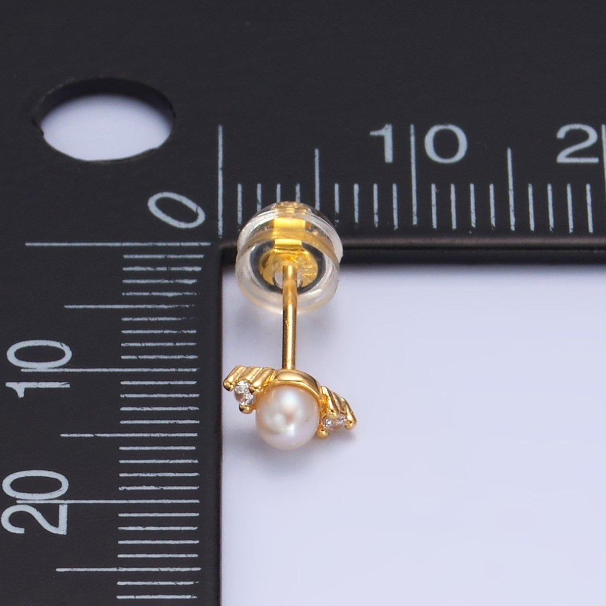 24K Gold Filled Clear CZ Shell Pearl Mini Stud Earrings | V081 - DLUXCA