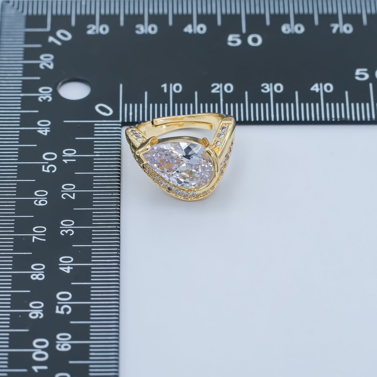 24K Gold Filled Clear CZ Teardrop Micro Paved Curved Ring | O625 - DLUXCA