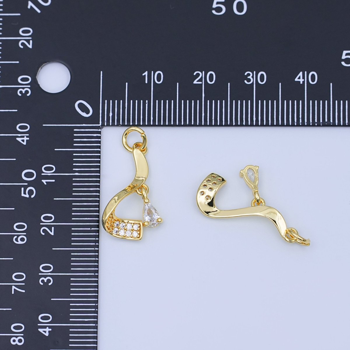 24K Gold Filled Clear CZ Teardrop Micro Paved Geometric Curve Charm | W936 - DLUXCA