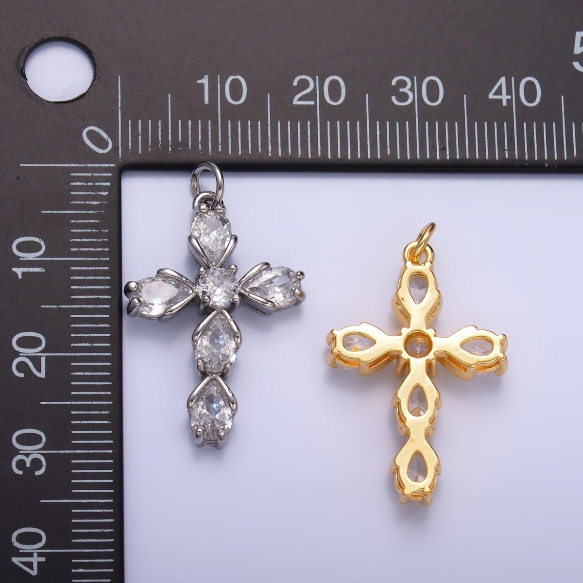 24K Gold Filled Clear CZ Teardrop Religious Cross Charm in Gold & Silver | W410