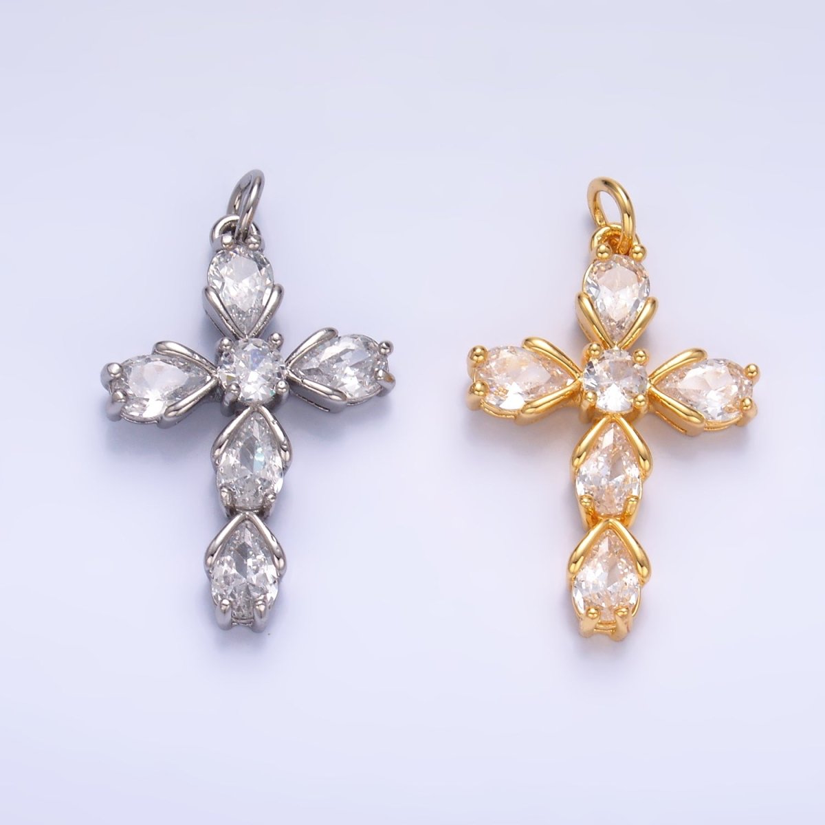 24K Gold Filled Clear CZ Teardrop Religious Cross Charm in Gold & Silver | W410