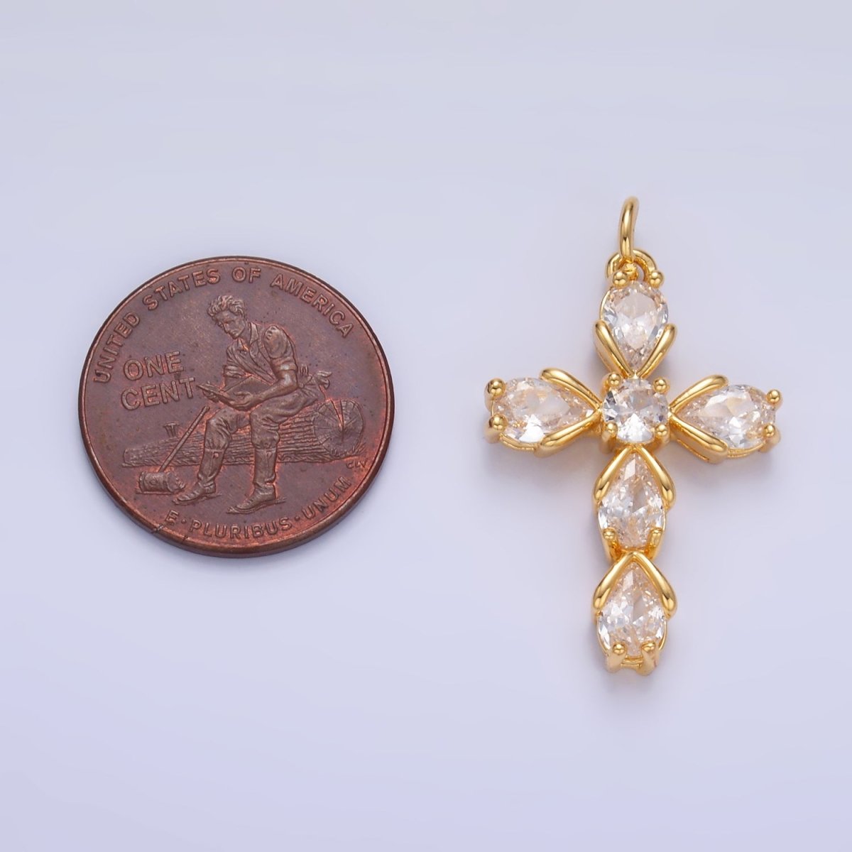 24K Gold Filled Clear CZ Teardrop Religious Cross Charm in Gold & Silver | W410
