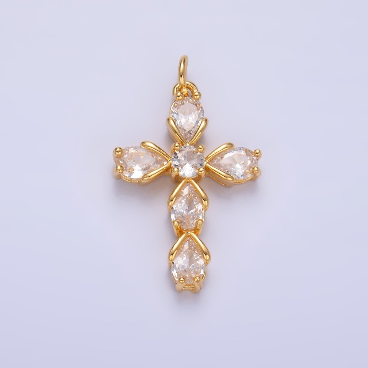 24K Gold Filled Clear CZ Teardrop Religious Cross Charm in Gold & Silver | W410