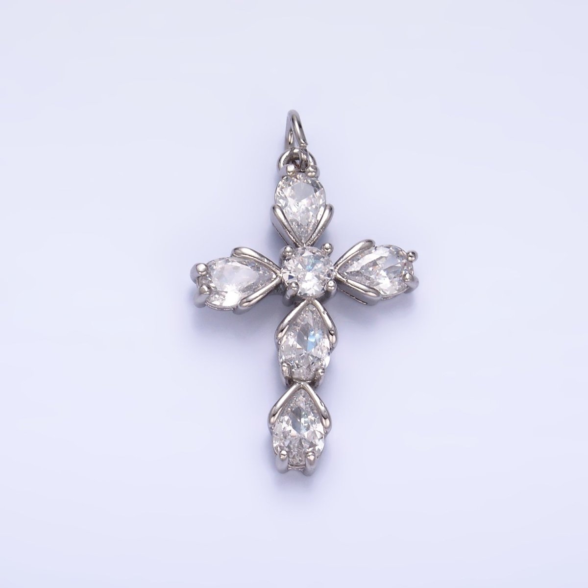 24K Gold Filled Clear CZ Teardrop Religious Cross Charm in Gold & Silver | W410