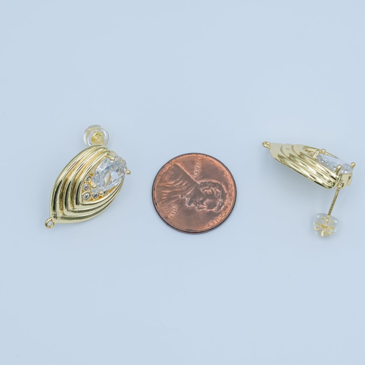 24K Gold Filled Clear CZ Teardrop Round Lined Drop Stud Earrings | Z1148 - DLUXCA