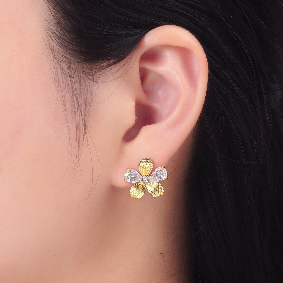 24K Gold Filled Clear CZ Textured Flower Stud Earrings in Gold & Silver | AB722 AB723