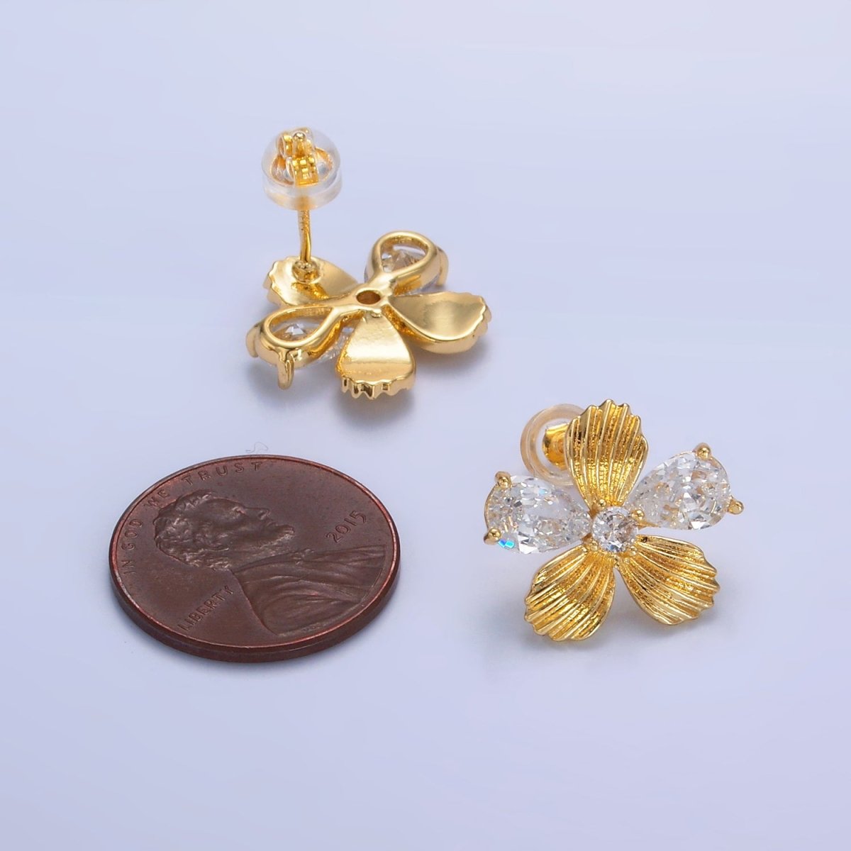 24K Gold Filled Clear CZ Textured Flower Stud Earrings in Gold & Silver | AB722 AB723