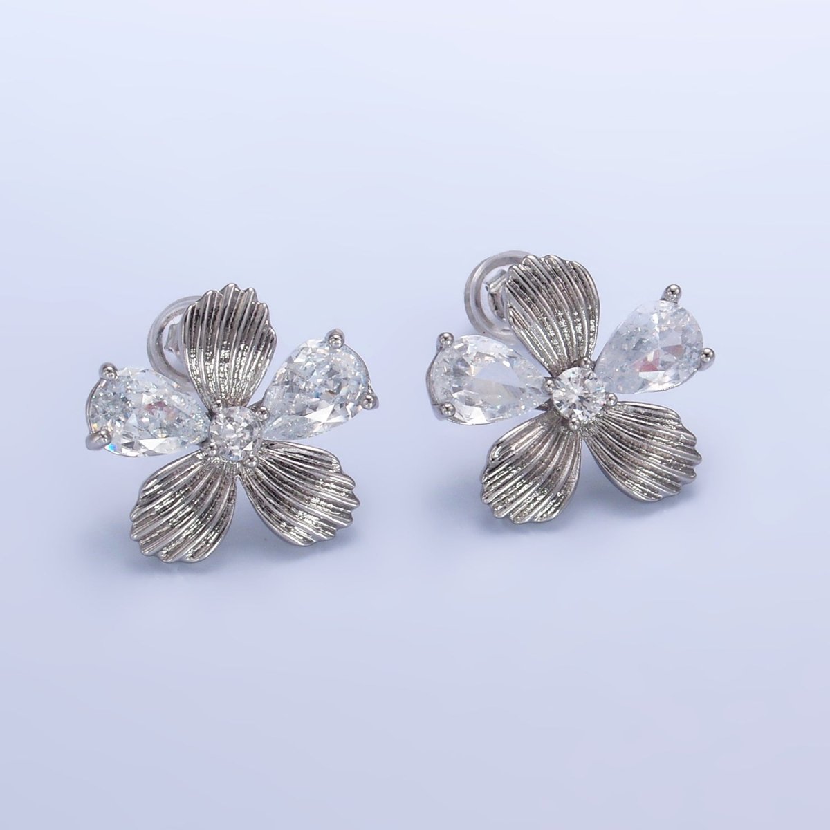24K Gold Filled Clear CZ Textured Flower Stud Earrings in Gold & Silver | AB722 AB723