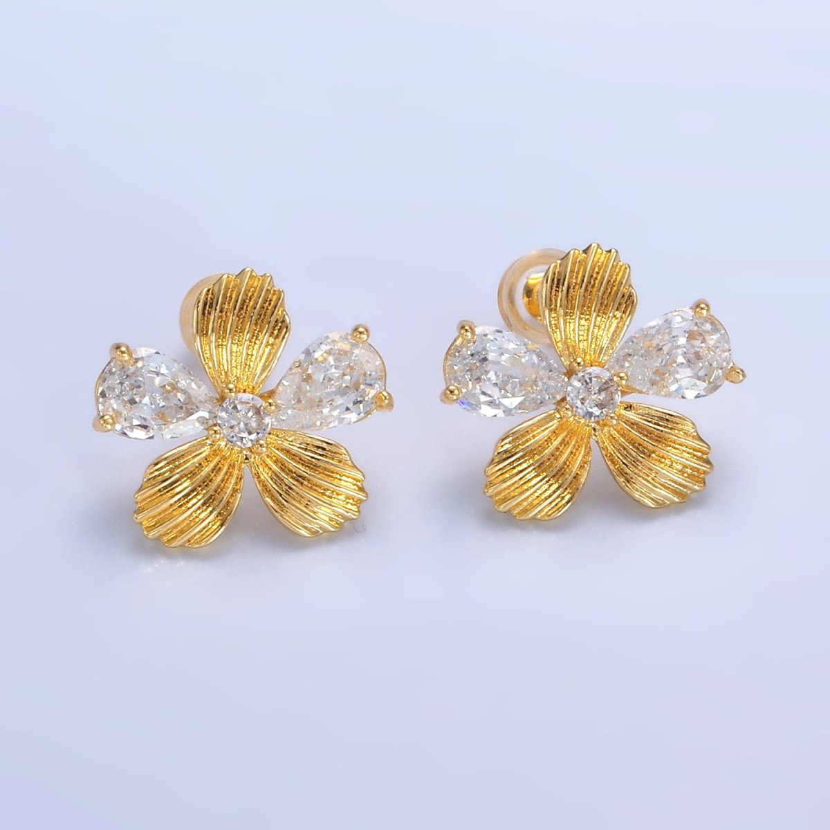 24K Gold Filled Clear CZ Textured Flower Stud Earrings in Gold & Silver | AB722 AB723