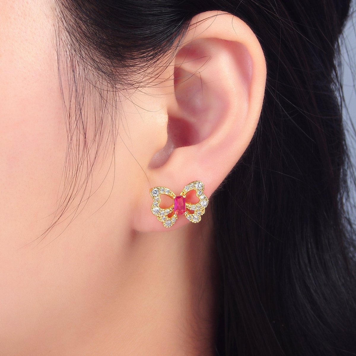 24K Gold Filled Clear, Fuchsia Baguette Micro Paved CZ Butterfly Stud Earrings | AD773 P062