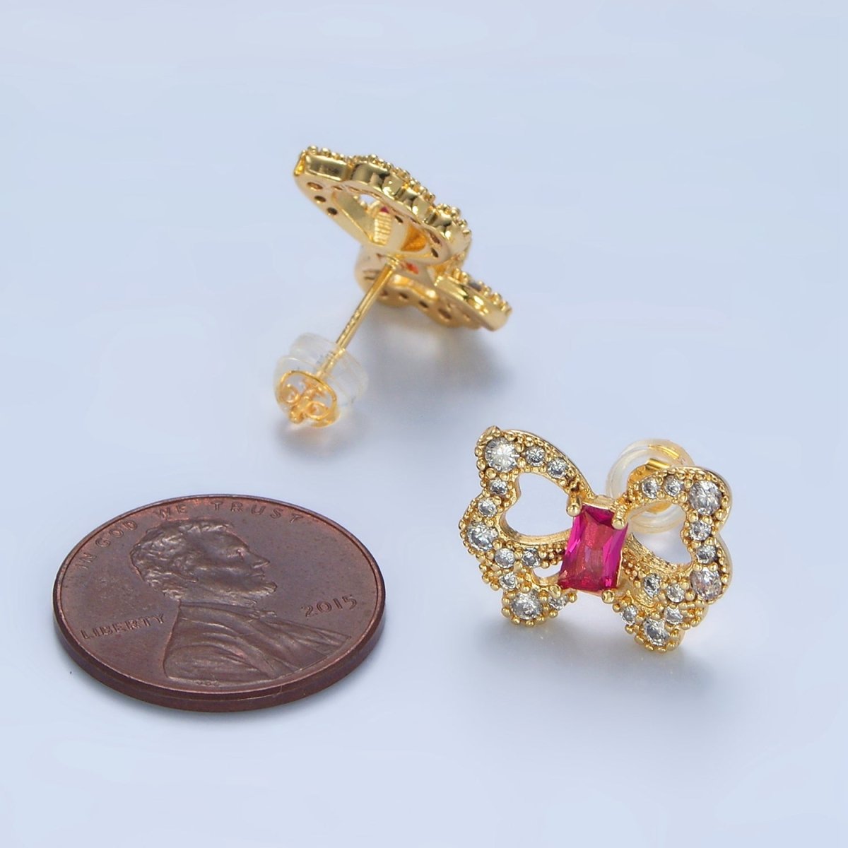 24K Gold Filled Clear, Fuchsia Baguette Micro Paved CZ Butterfly Stud Earrings | AD773 P062