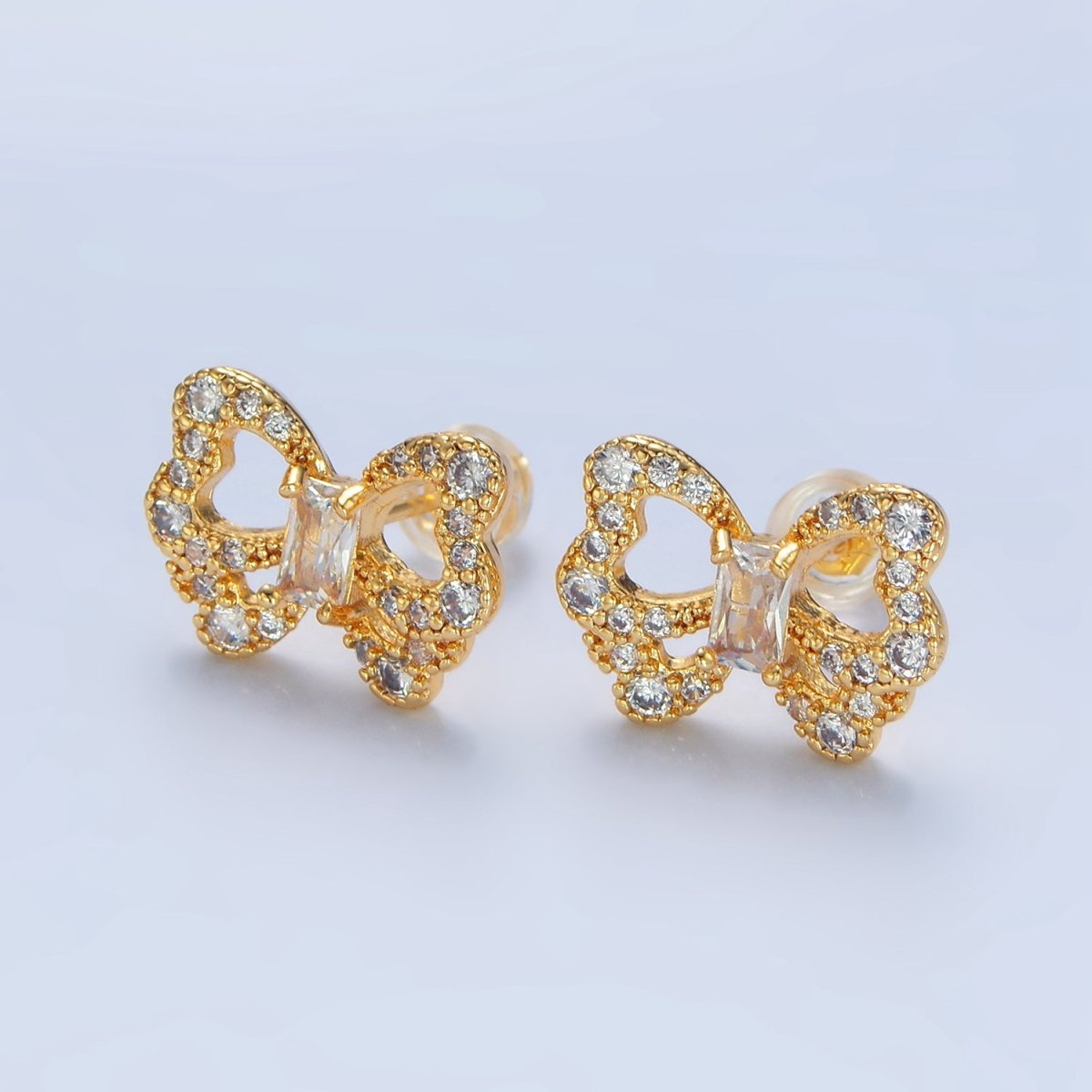 24K Gold Filled Clear, Fuchsia Baguette Micro Paved CZ Butterfly Stud Earrings | AD773 P062