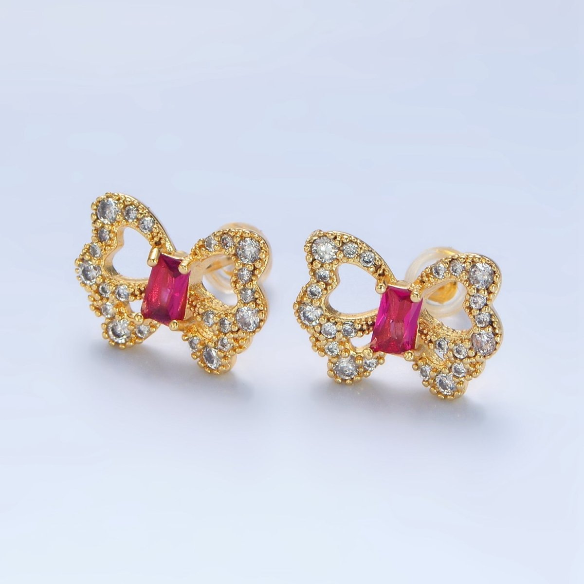 24K Gold Filled Clear, Fuchsia Baguette Micro Paved CZ Butterfly Stud Earrings | AD773 P062