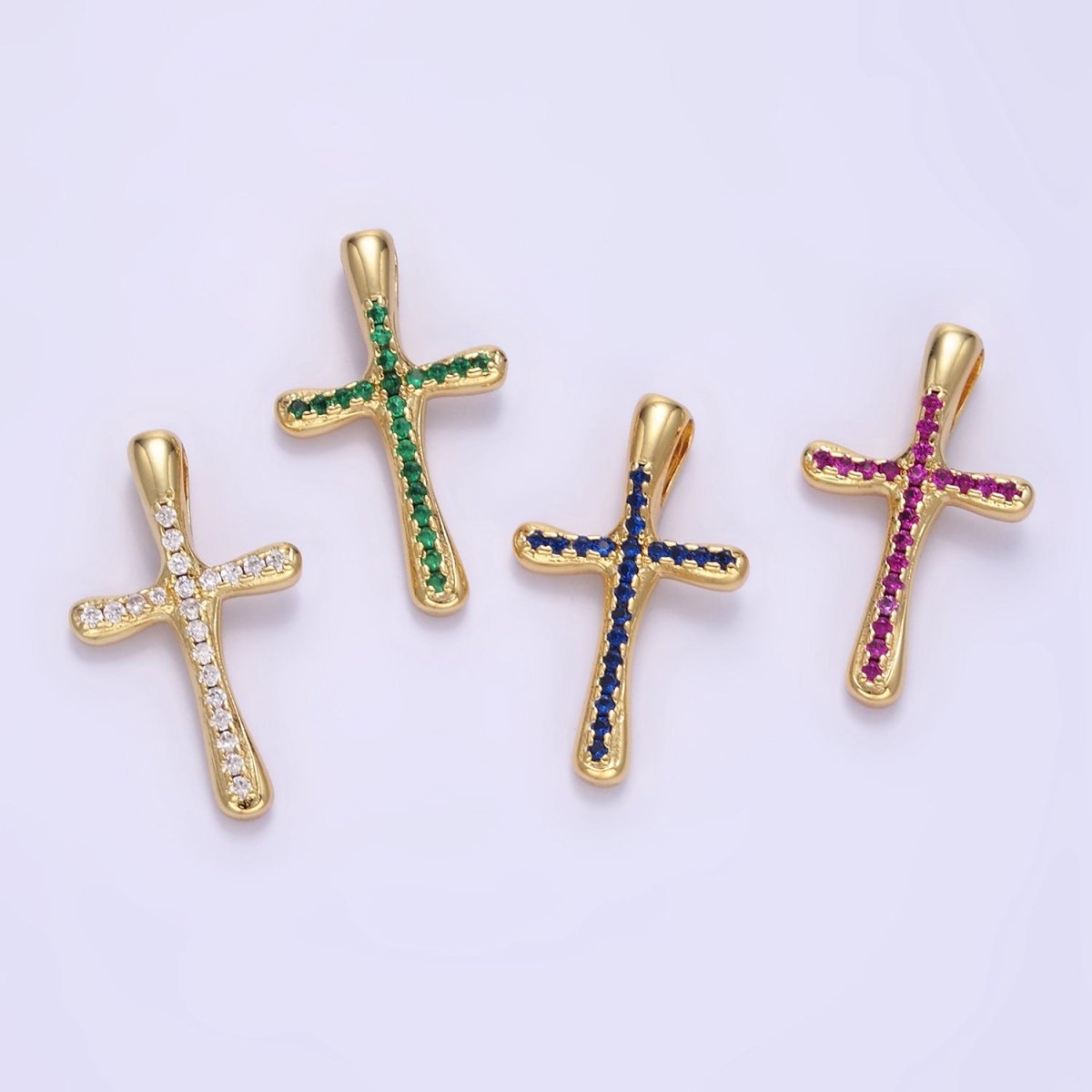 24K Gold Filled Clear, Fuchsia, Blue, Green Micro Paved CZ Molten Religious Cross Pendant | AA1343 - AA1344