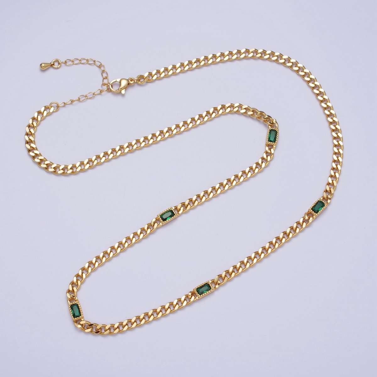 24K Gold Filled Clear, Green, Blue, Baguette CZ 3.8mm Curb Chain 19 Inch Necklace | WA-1509 - WA-1511 Clearance Pricing