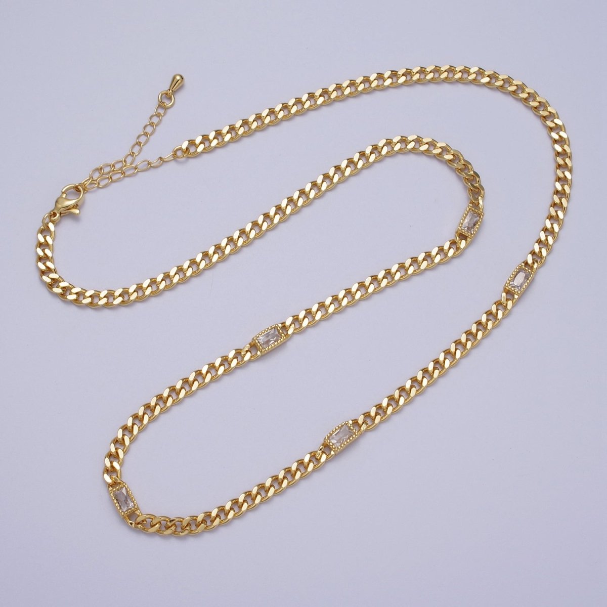 24K Gold Filled Clear, Green, Blue, Baguette CZ 3.8mm Curb Chain 19 Inch Necklace | WA-1509 - WA-1511 Clearance Pricing