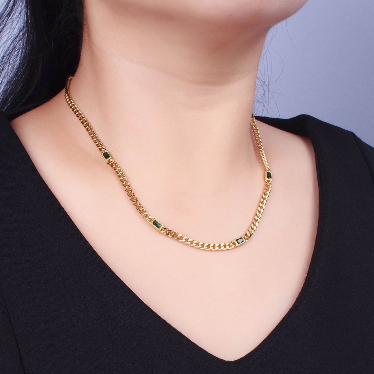 24K Gold Filled Clear, Green, Blue, Baguette CZ 3.8mm Curb Chain 19 Inch Necklace | WA-1509 - WA-1511 Clearance Pricing