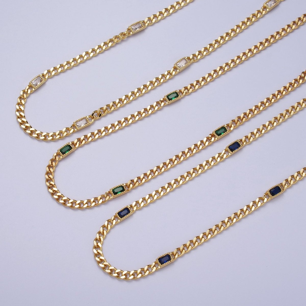 24K Gold Filled Clear, Green, Blue, Baguette CZ 3.8mm Curb Chain 19 Inch Necklace | WA-1509 - WA-1511 Clearance Pricing