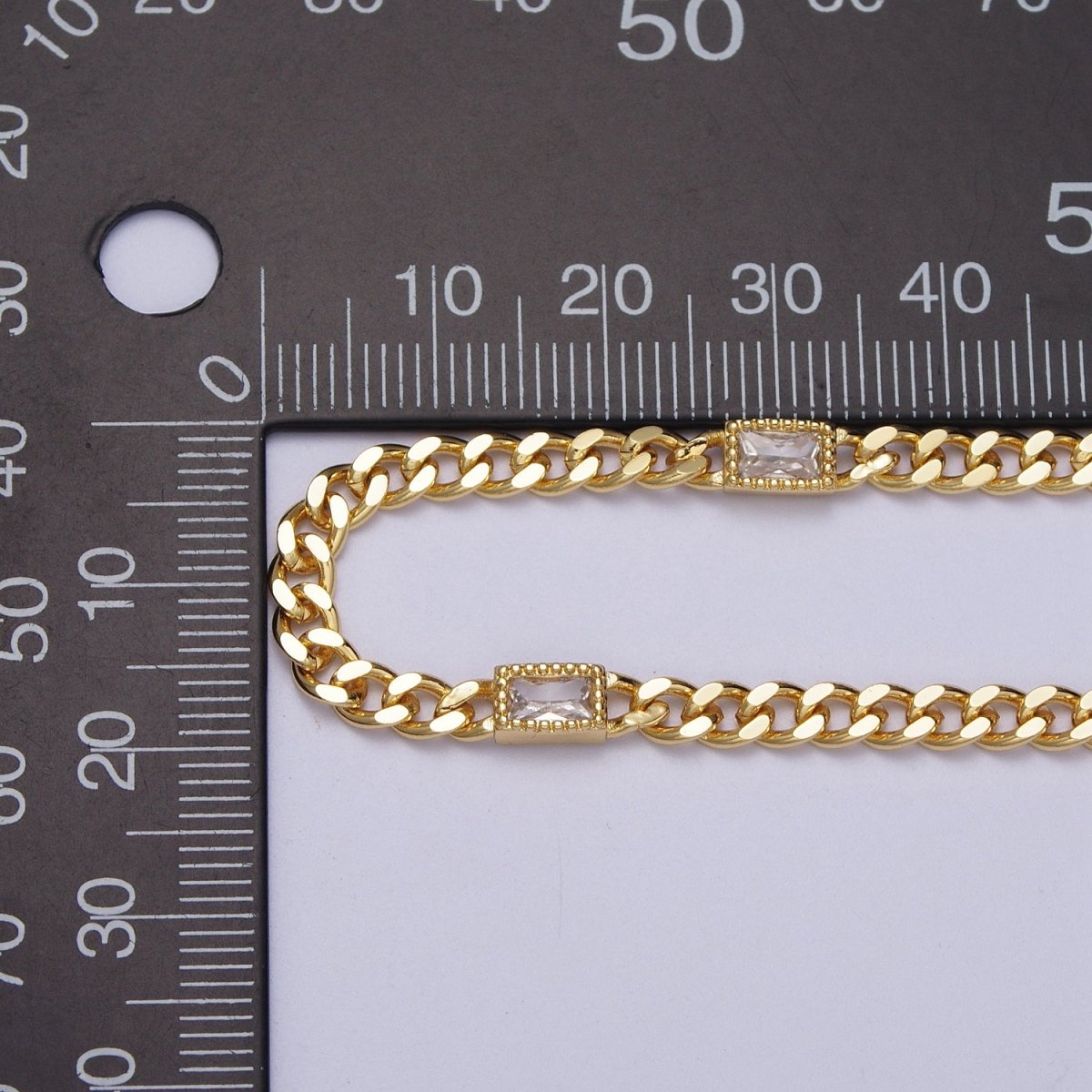 24K Gold Filled Clear, Green, Blue, Baguette CZ 3.8mm Curb Chain 19 Inch Necklace | WA-1509 - WA-1511 Clearance Pricing