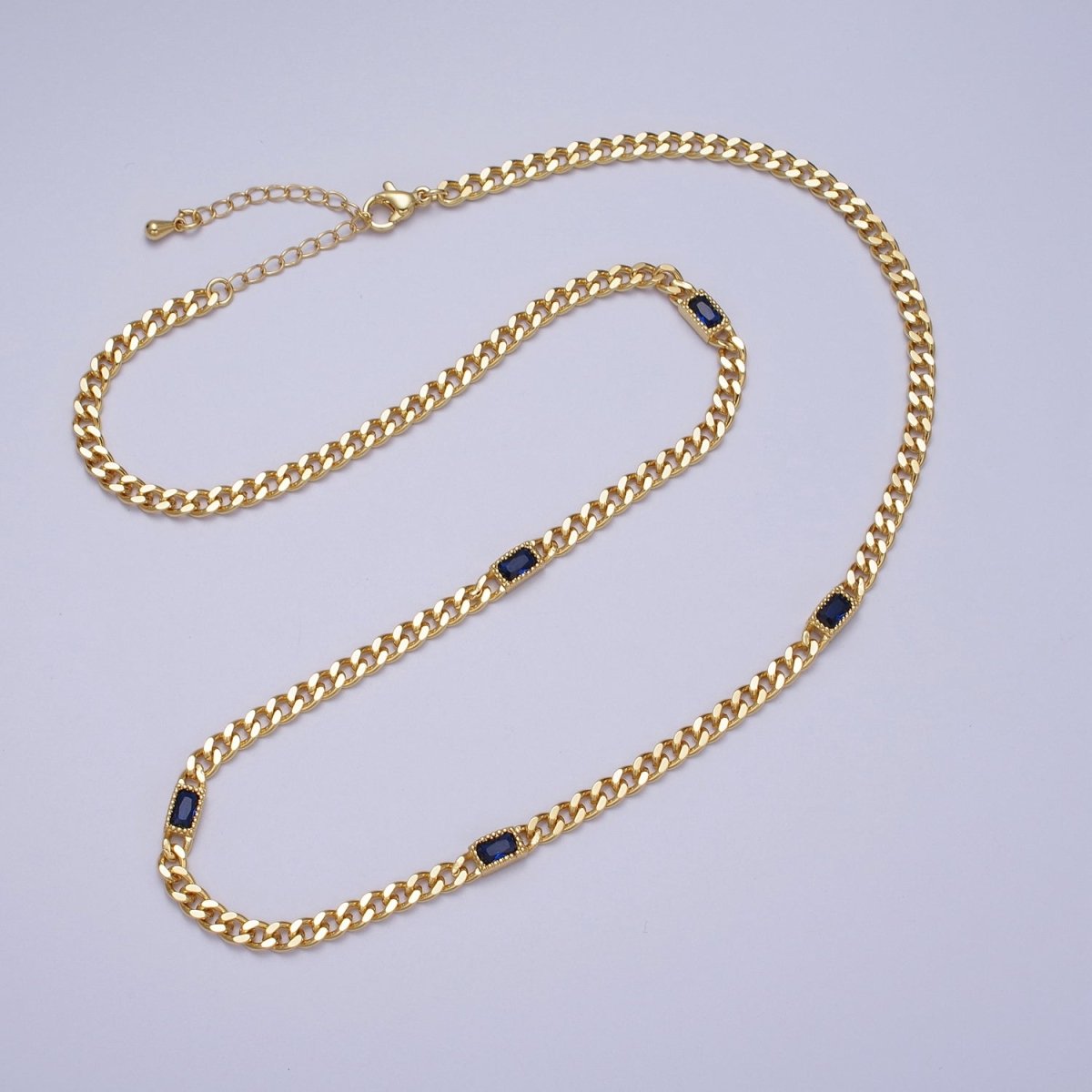 24K Gold Filled Clear, Green, Blue, Baguette CZ 3.8mm Curb Chain 19 Inch Necklace | WA-1509 - WA-1511 Clearance Pricing