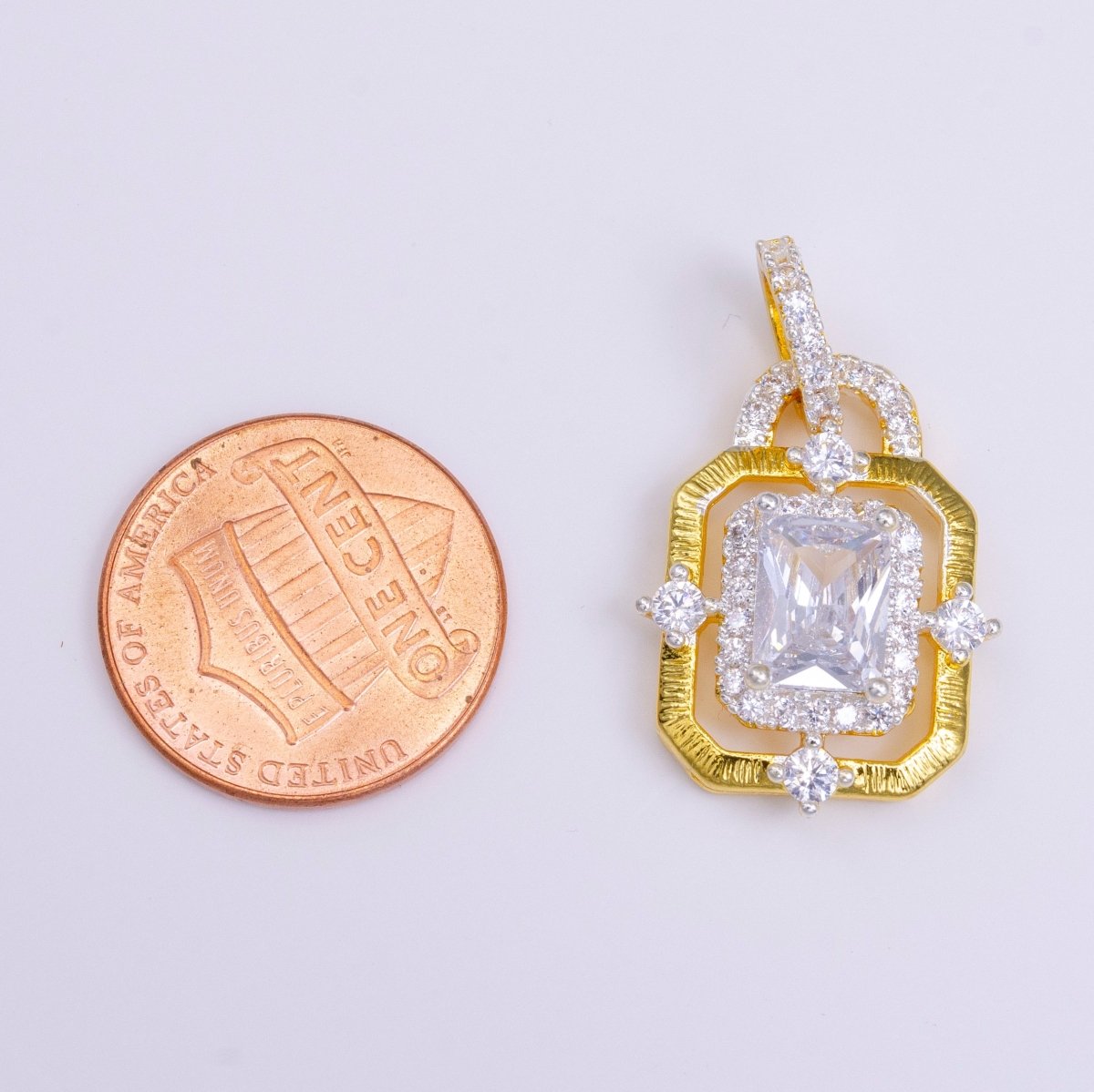 24K Gold Filled Clear, Green, Blue, Fuchsia Baguette Rhombus CZ Hexagonal Micro Paved CZ Frame Bail Pendant | AA526 - AA529