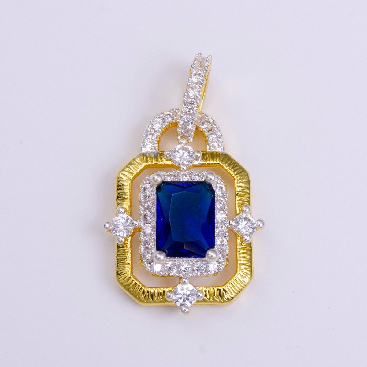 24K Gold Filled Clear, Green, Blue, Fuchsia Baguette Rhombus CZ Hexagonal Micro Paved CZ Frame Bail Pendant | AA526 - AA529