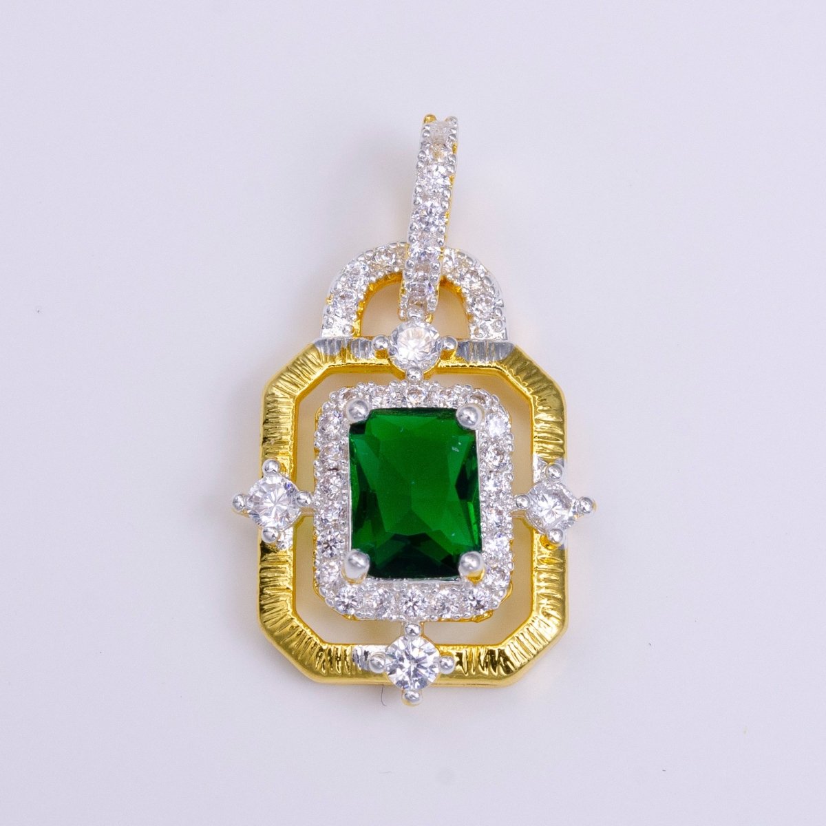 24K Gold Filled Clear, Green, Blue, Fuchsia Baguette Rhombus CZ Hexagonal Micro Paved CZ Frame Bail Pendant | AA526 - AA529