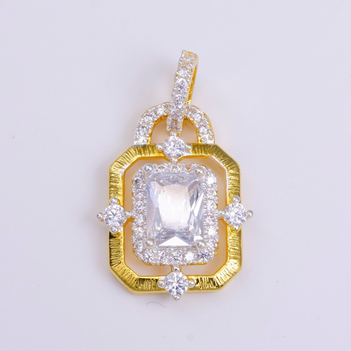 24K Gold Filled Clear, Green, Blue, Fuchsia Baguette Rhombus CZ Hexagonal Micro Paved CZ Frame Bail Pendant | AA526 - AA529