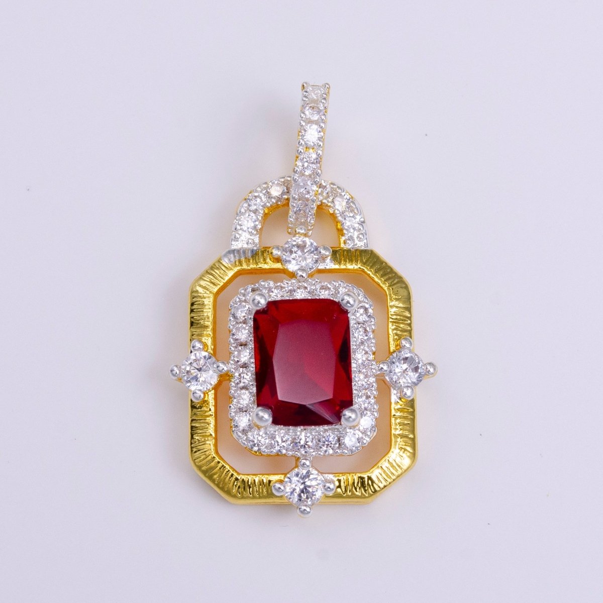 24K Gold Filled Clear, Green, Blue, Fuchsia Baguette Rhombus CZ Hexagonal Micro Paved CZ Frame Bail Pendant | AA526 - AA529