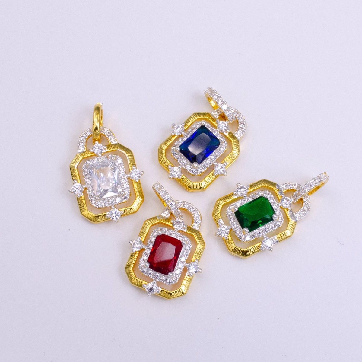 24K Gold Filled Clear, Green, Blue, Fuchsia Baguette Rhombus CZ Hexagonal Micro Paved CZ Frame Bail Pendant | AA526 - AA529