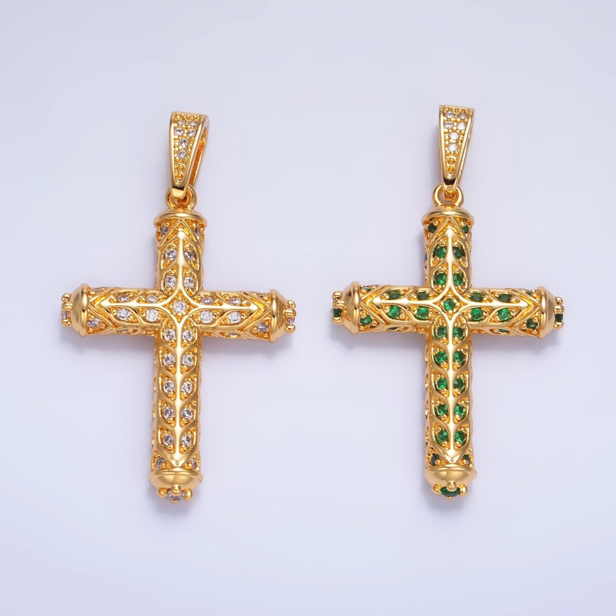24K Gold Filled Clear, Green CZ Artisan Religious Cross Pendant in Gold & Silver | AA1077 AA1078