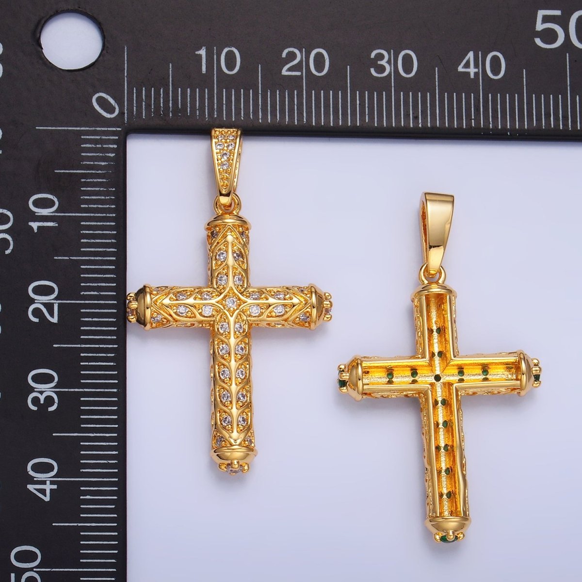 24K Gold Filled Clear, Green CZ Artisan Religious Cross Pendant in Gold & Silver | AA1077 AA1078