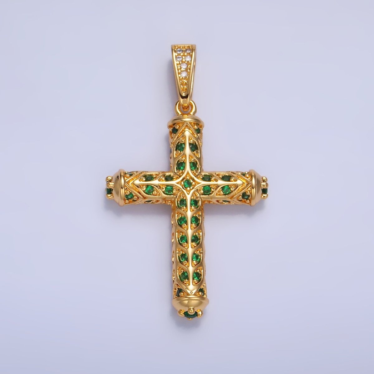 24K Gold Filled Clear, Green CZ Artisan Religious Cross Pendant in Gold & Silver | AA1077 AA1078
