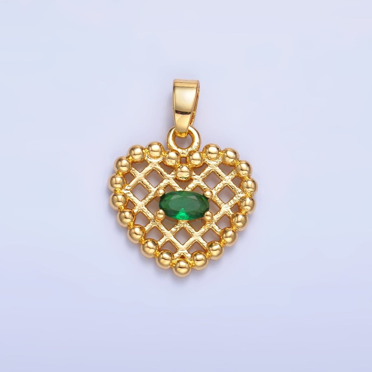 24K Gold Filled Clear, Green CZ Beaded Ball Heart Pendant in Gold & Silver | AA1431 AA1432