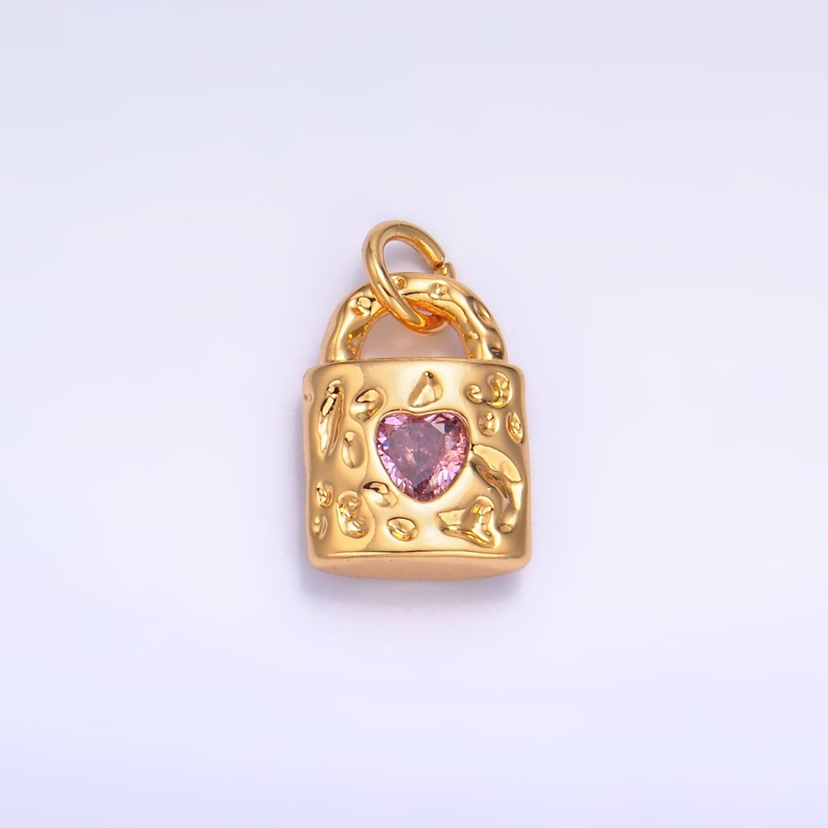 24K Gold Filled Clear, Green, Pink CZ Heart Key Padlock Hammered Charm | W266 W267