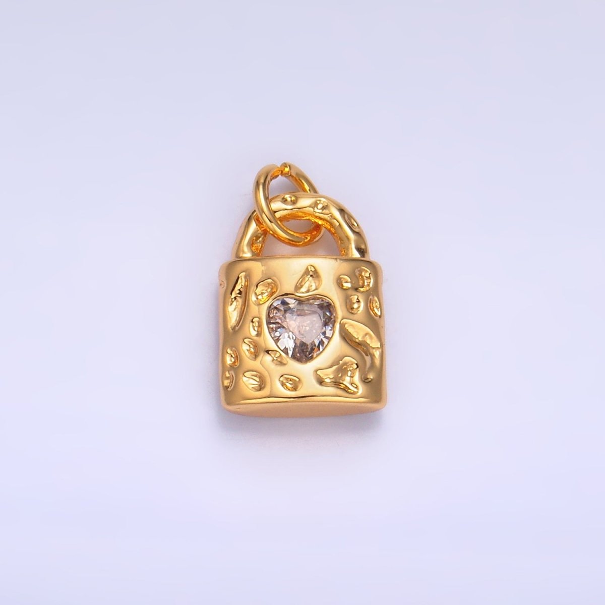 24K Gold Filled Clear, Green, Pink CZ Heart Key Padlock Hammered Charm | W266 W267