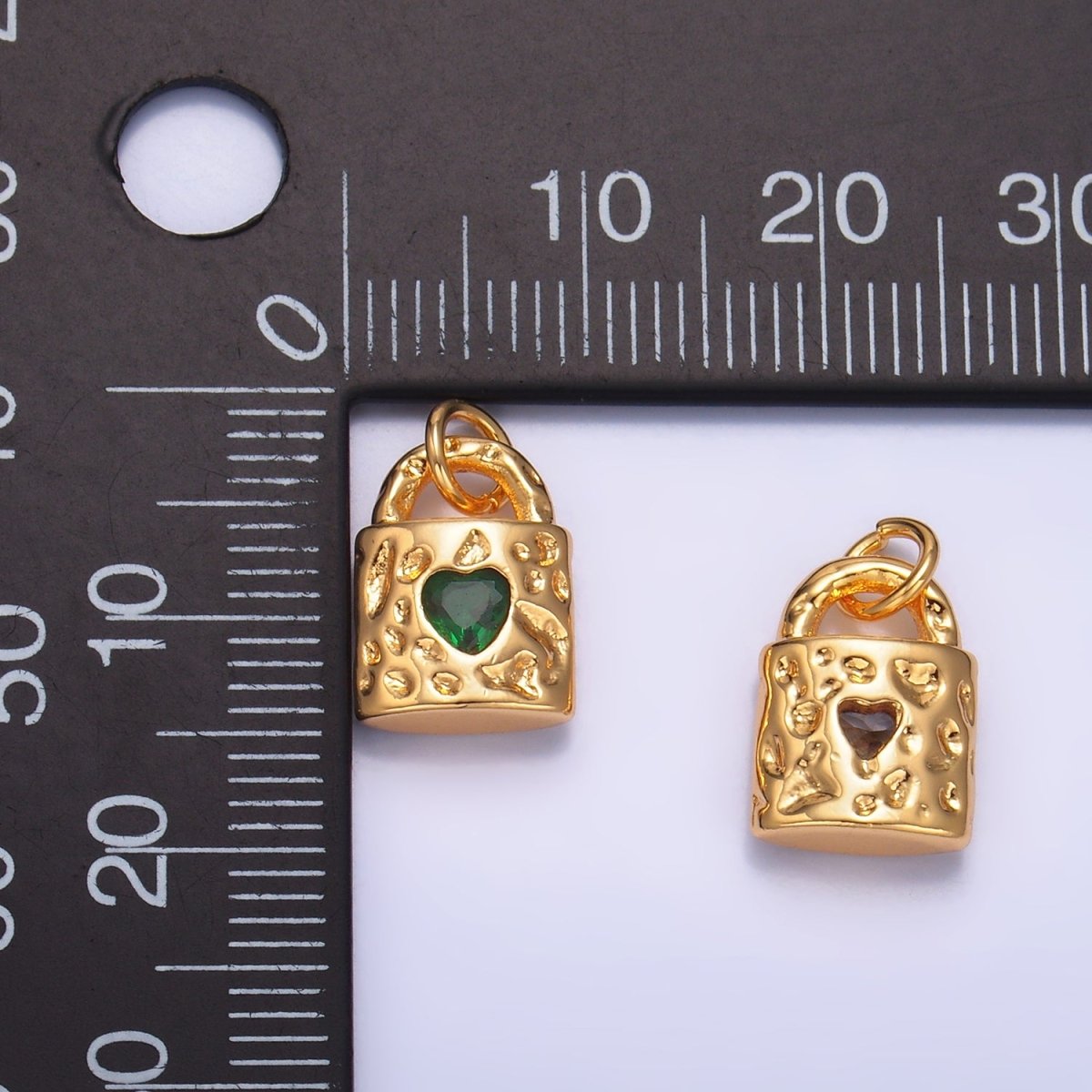 24K Gold Filled Clear, Green, Pink CZ Heart Key Padlock Hammered Charm | W266 W267