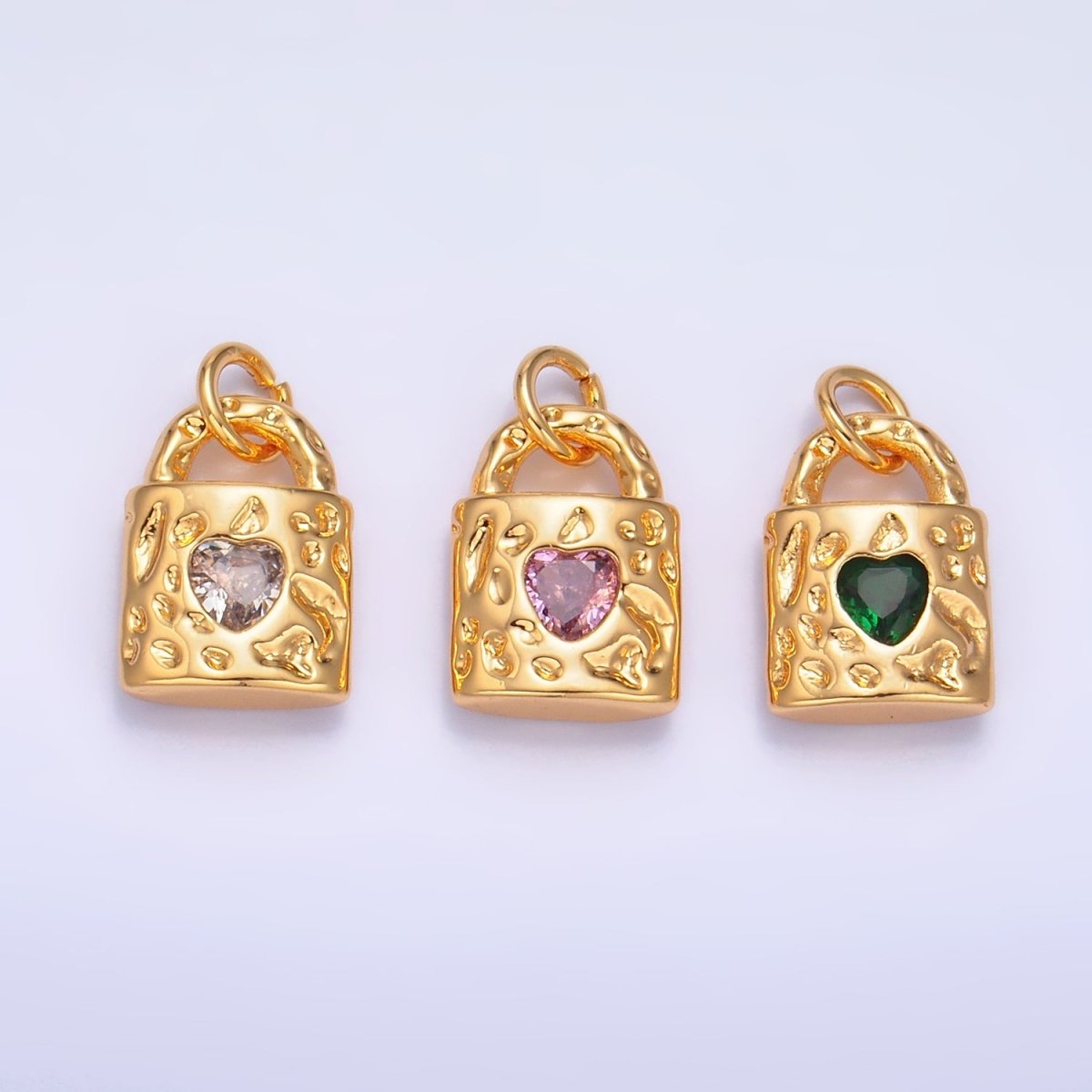 24K Gold Filled Clear, Green, Pink CZ Heart Key Padlock Hammered Charm | W266 W267