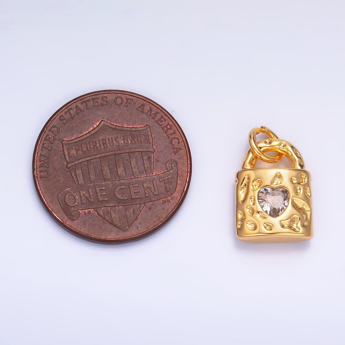 24K Gold Filled Clear, Green, Pink CZ Heart Key Padlock Hammered Charm | W266 W267