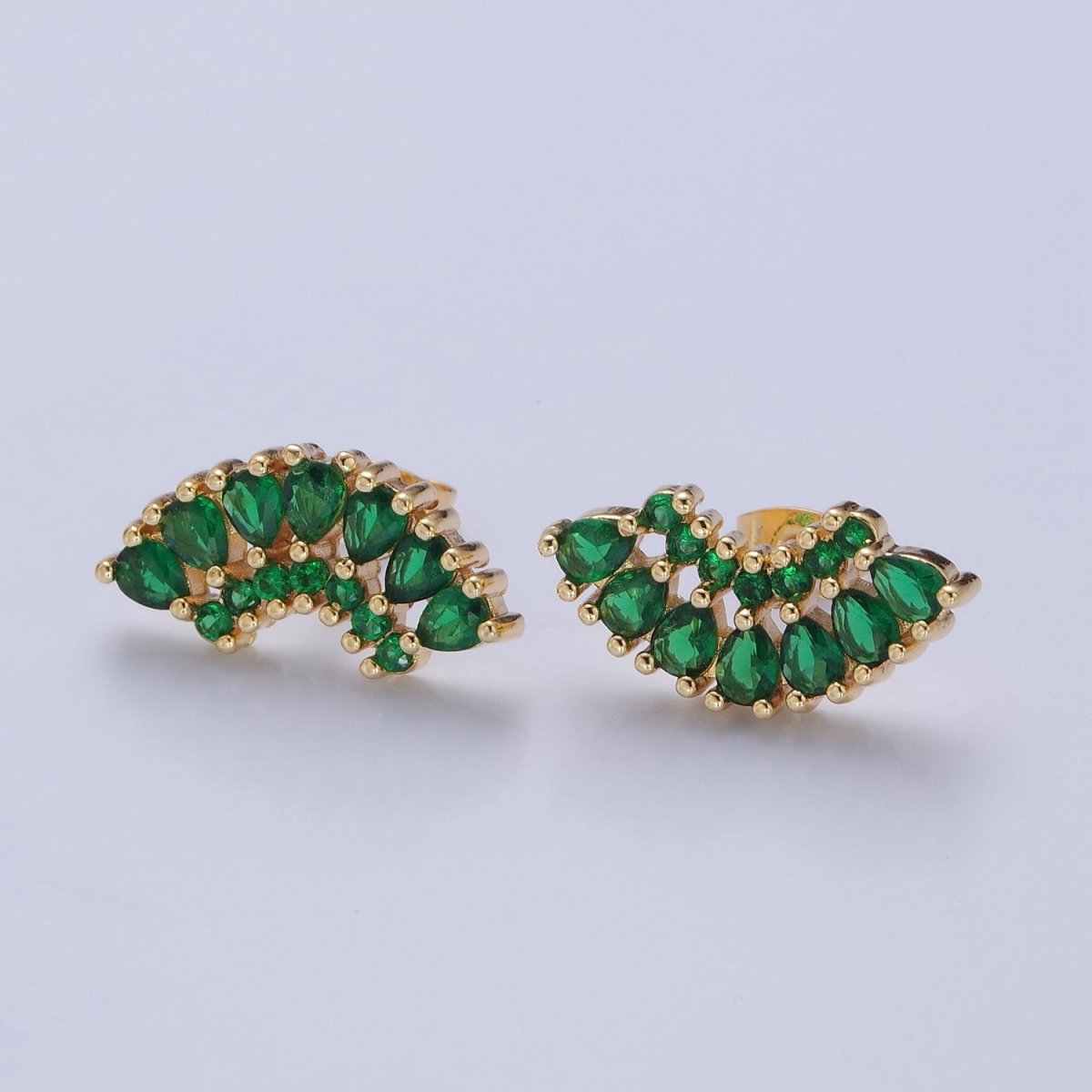 24K Gold Filled Clear, Green, Pink, Purple Teardrop CZ Fan Lined Stud Earrings | T-425~ T-427