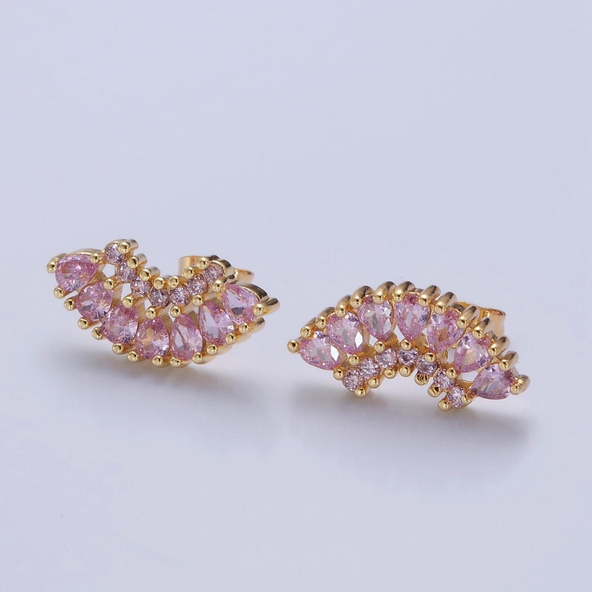 24K Gold Filled Clear, Green, Pink, Purple Teardrop CZ Fan Lined Stud Earrings | T-425~ T-427