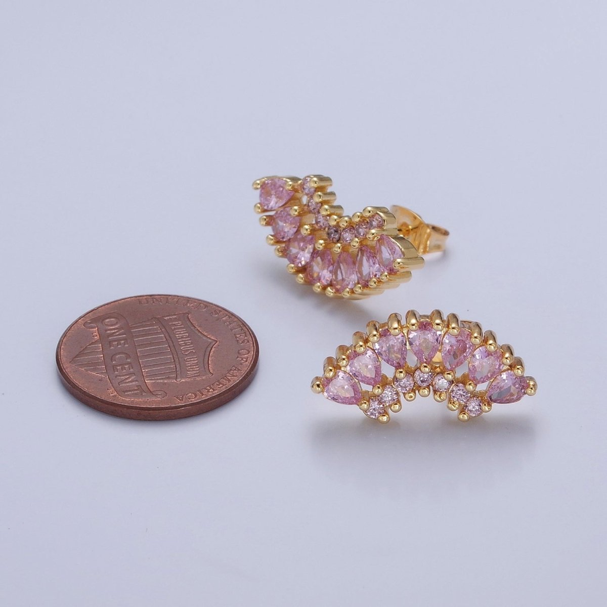 24K Gold Filled Clear, Green, Pink, Purple Teardrop CZ Fan Lined Stud Earrings | T-425~ T-427