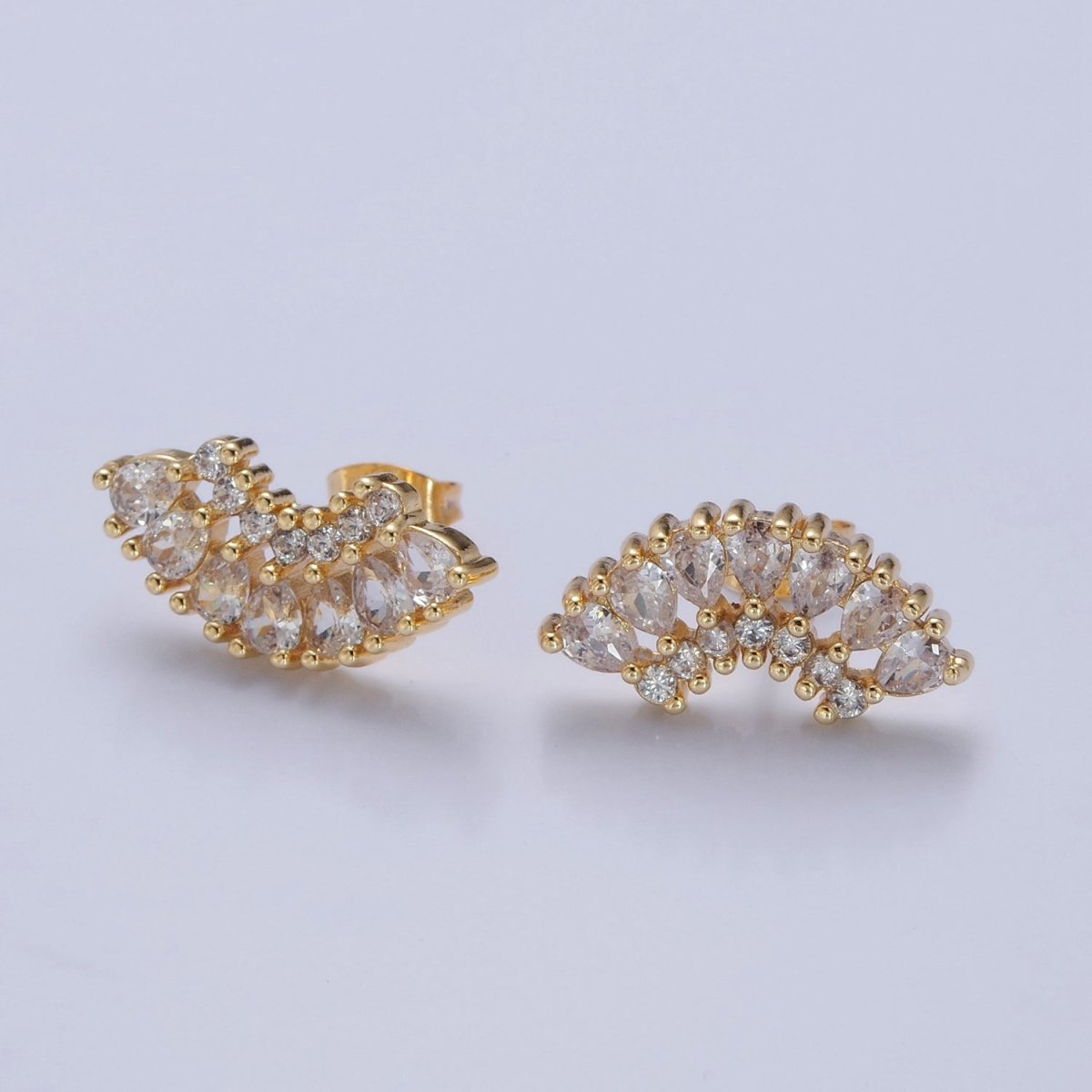 24K Gold Filled Clear, Green, Pink, Purple Teardrop CZ Fan Lined Stud Earrings | T-425~ T-427