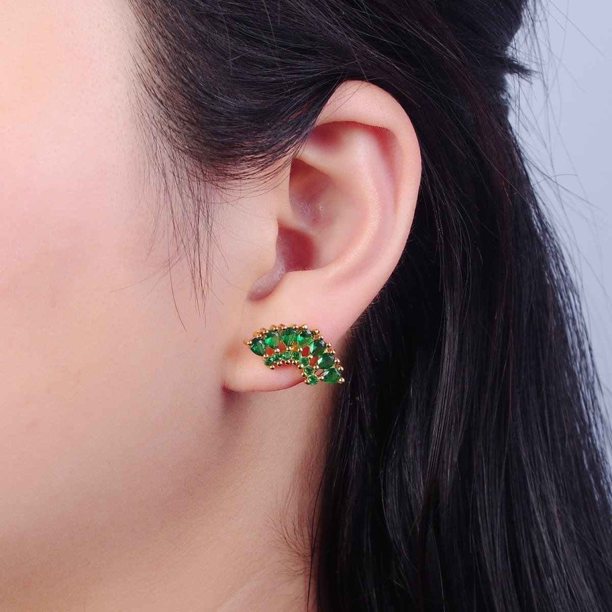 24K Gold Filled Clear, Green, Pink, Purple Teardrop CZ Fan Lined Stud Earrings | T-425~ T-427